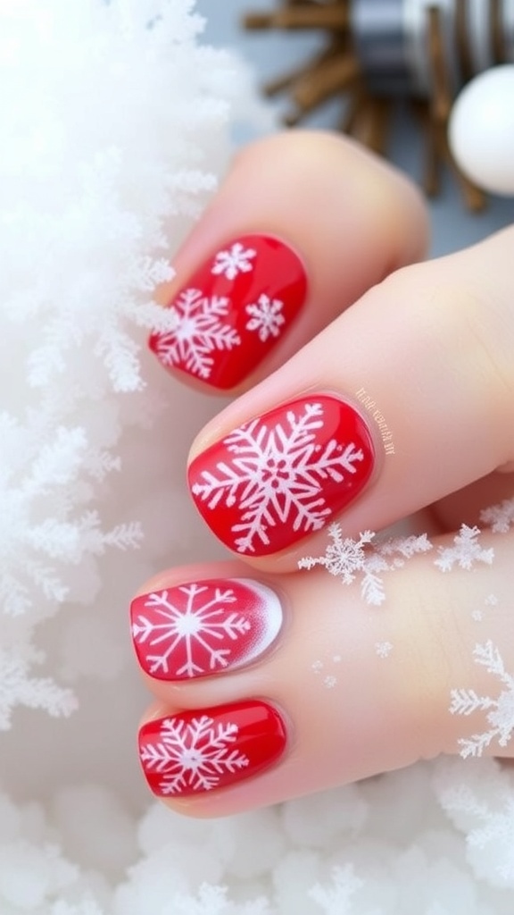 Short Snowflake Christmas Nail Art Short Christmas nails with red base and white snowflakes on a snowy background.